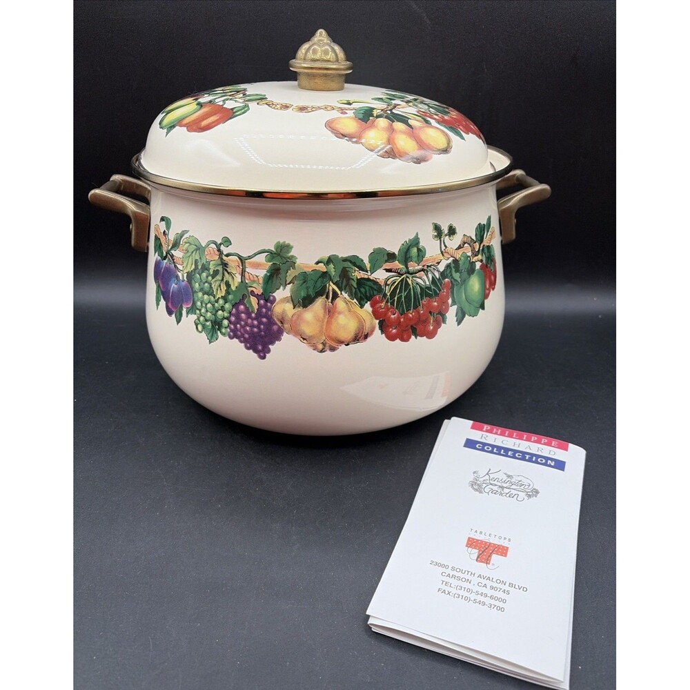 Vintage Cornucopia Enamel on Steel 8qt Dutch Oven And Brass Handles